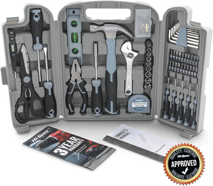 Hi-Spec 54-TLG. Werkzeugkasten-Set in Grau, gefüllt mit Werkzeugen für Haushalt und Garage. Werkzeug