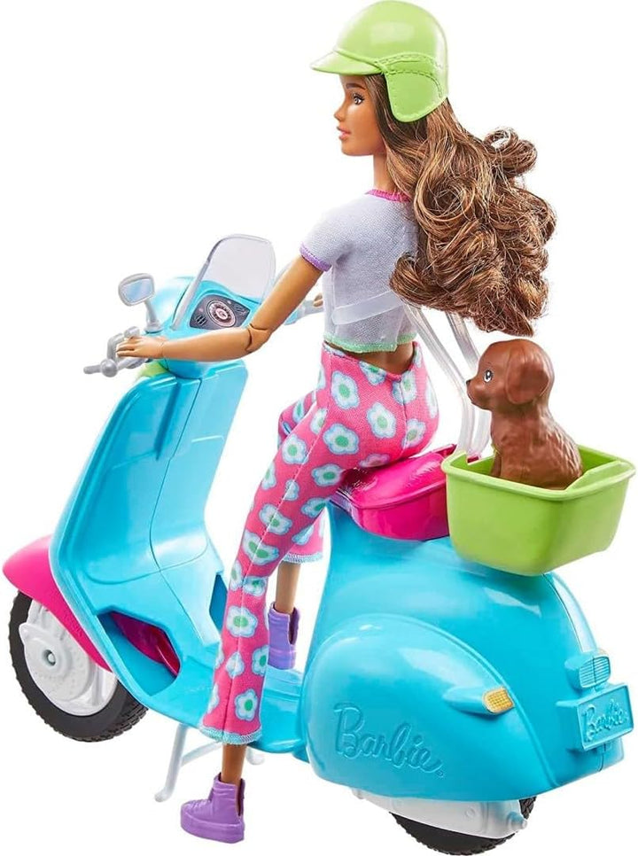 Barbie Fashionistas Puppe und Roller, Reise-Spielset mit Aufklebern, Haustierwelpe und themenbezogen