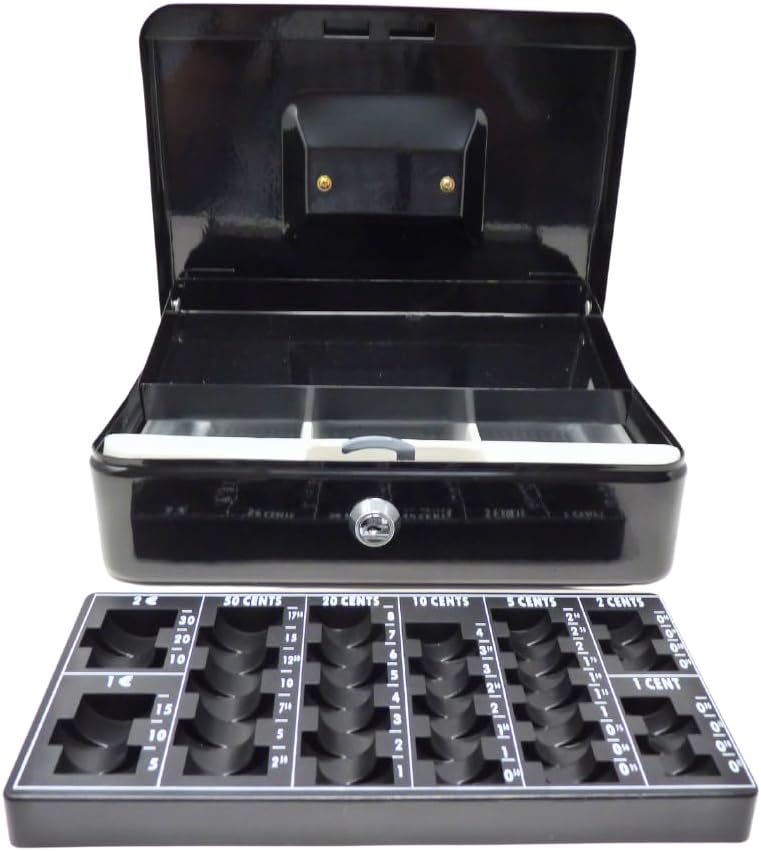 Geldkassette aus Metall - Schwarz mit Münzeinsatz - 250 x 180 x 90 mm, Schwarz