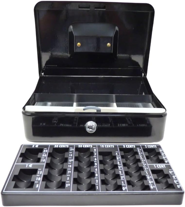 Geldkassette aus Metall - Schwarz mit Münzeinsatz - 250 x 180 x 90 mm, Schwarz