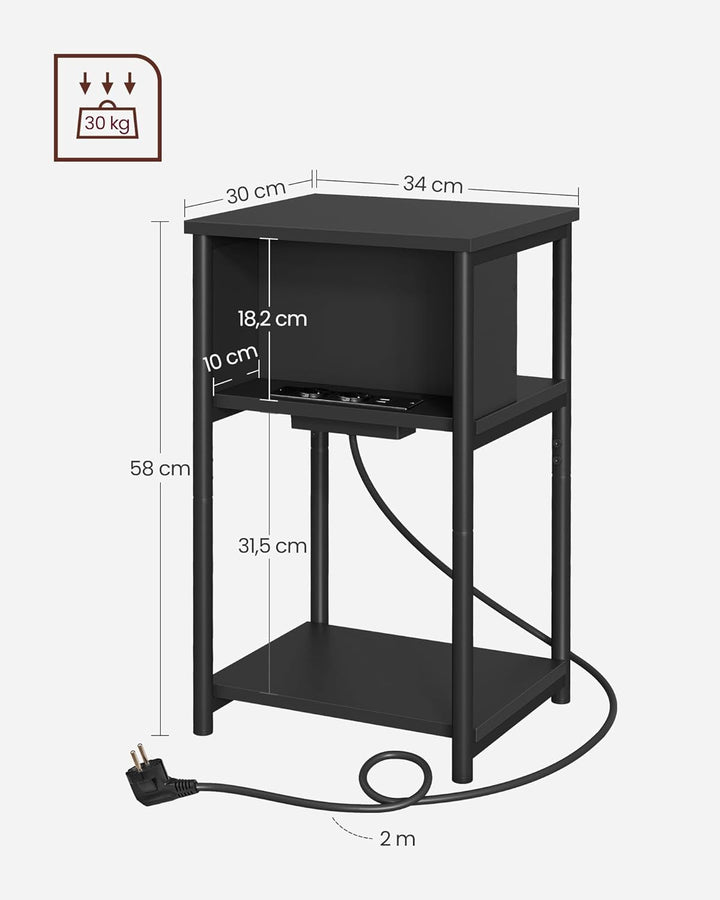 VASAGLE Beistelltisch, Nachttisch mit Steckdose, schmal, 2 AC-Anschlüsse, 2 USB-Anschlüsse, 30 x 34
