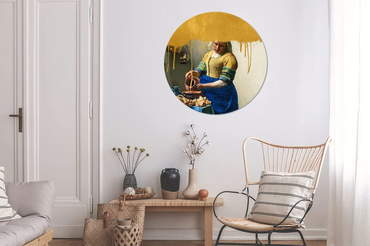 MuchoWow Wandbild Rund Wanddeko Deko Wohnzimmer Bilder 90x90 cm Milchmädchen - Gold - Vermeer, 90x90