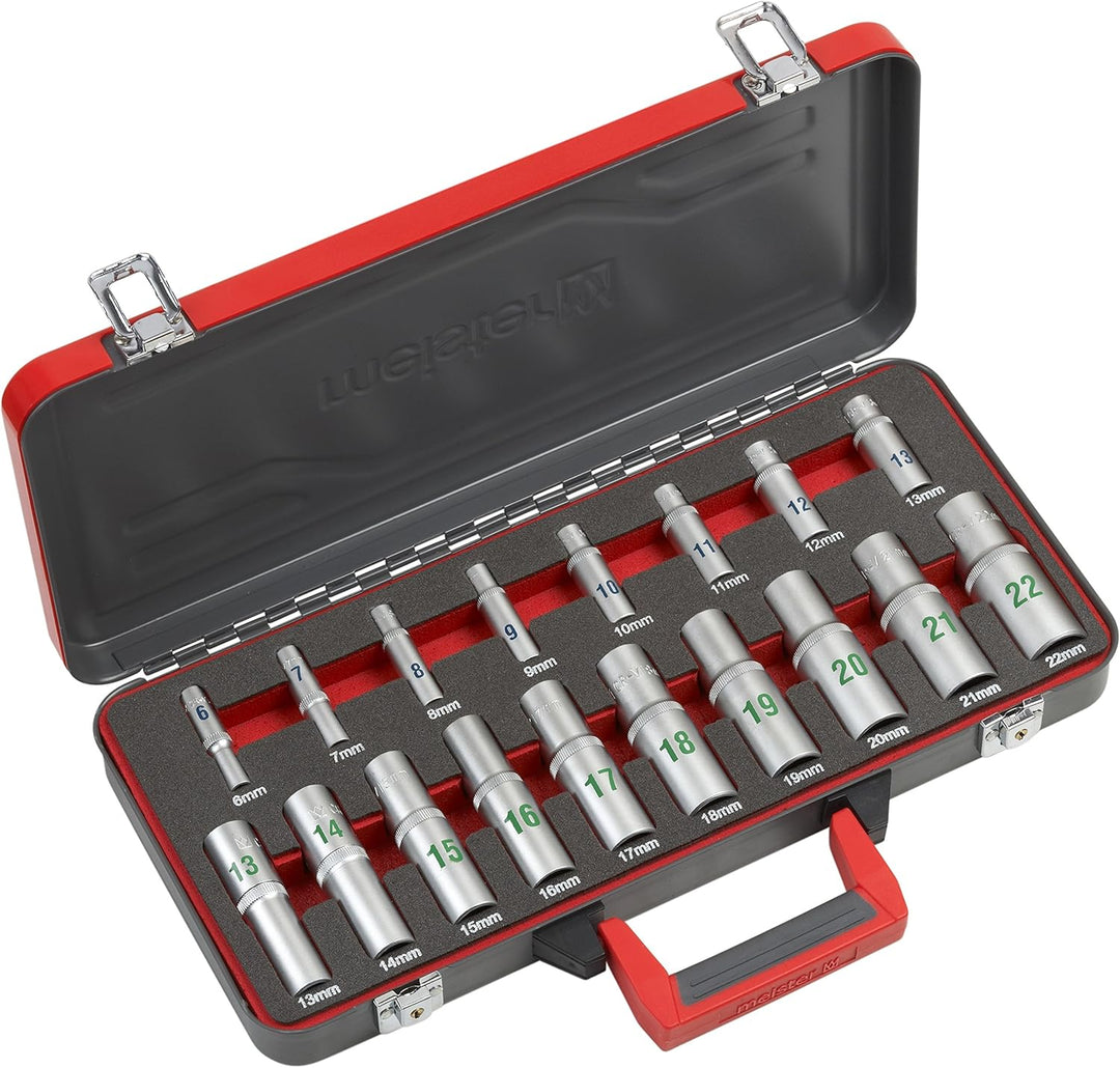 Meister Steckschlüssel-Satz 18-teilig - 1/2 + 1/4 Zoll Antrieb - Extra lange Einsätze - Grosse Ziffe