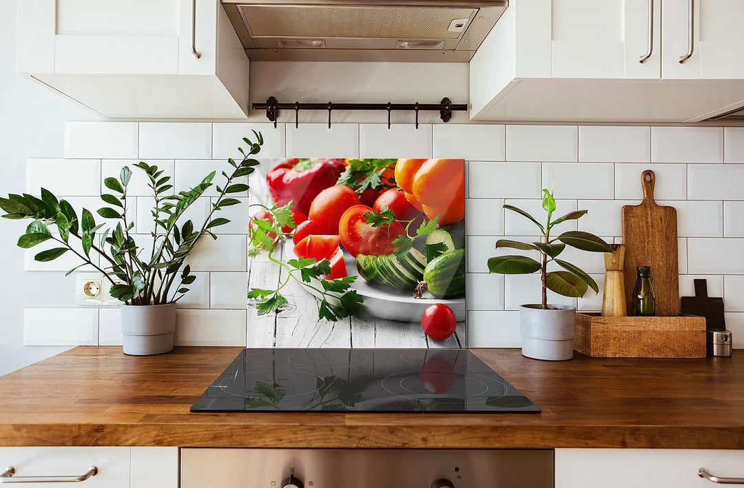 Gemüseteller Herdabdeckplatte & Spritzschutz aus Echtglas | Für Herd-Kochfelder | 60x52 cm