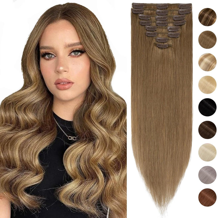 Silk-co Echthaar Clip In Extensions 8 Tressen 18 Clips 70g, Braun Hair Extensions, Remy Echthaar Cli