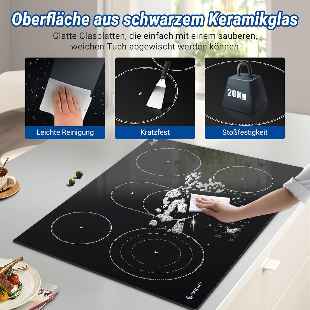 AMZCHEF Glaskeramikkochfeld 5 Zonen, Einbau Keramikkochfeld 77CM mit Ovale Zone und Dreierzone, 9 Le