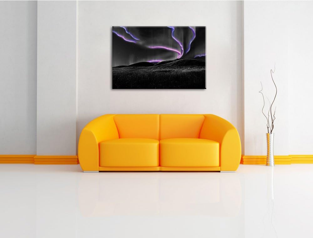 Polarlichter über Hügeln schwarz/weiss Format: 100x70 auf Leinwand, XXL riesige Bilder fertig gerahm