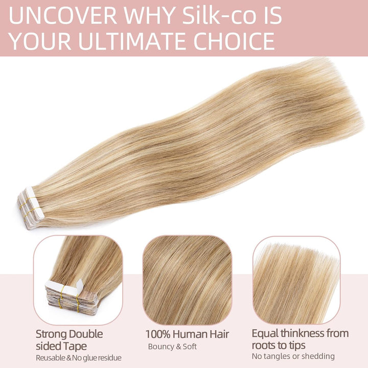 Silk-co Tape Extensions Echthaar 10stk, Remy Tape in Extensions Haarverlängerung, Skin Weft Echthaar