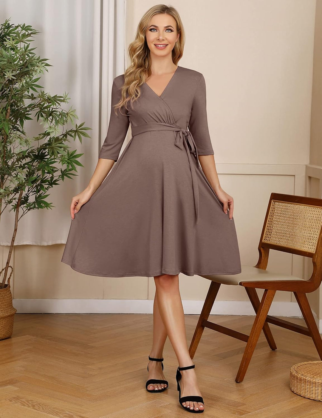 KOJOOIN Damen Umstandskleid Schwangerschafts Kleid für Schwangere Stillkleid V-Ausschnitt Langarm mi