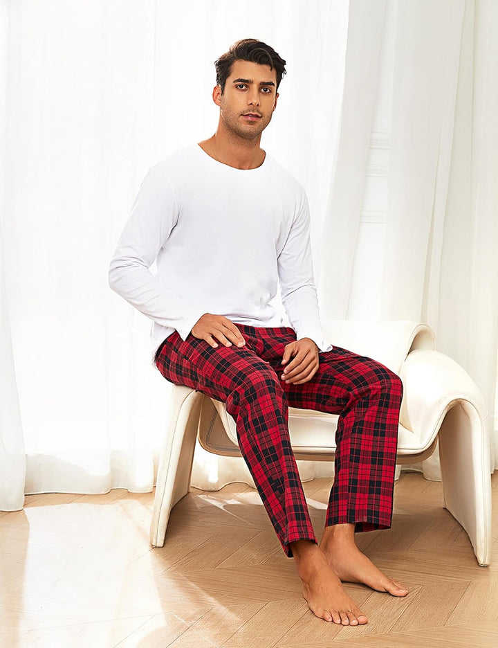 Litherday Schlafanzughose Herren Lang Kariert Pyjamahose 100% Baumwolle Nachtwäsche hose mit Taschen