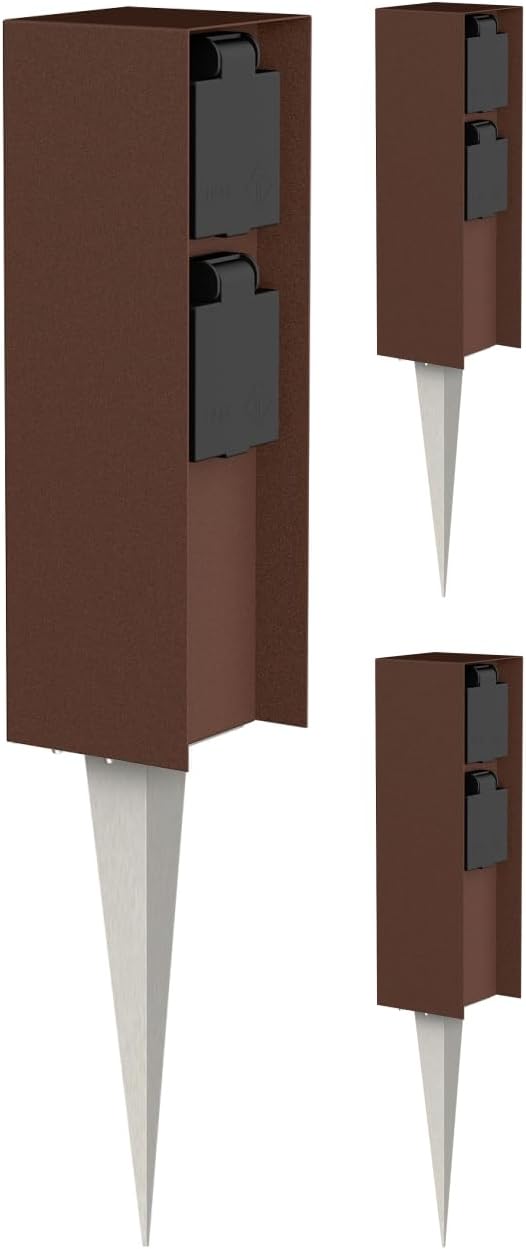 ledscom.de Aussensteckdose POMI mit Erdspiess, wetterfest, IP44, 2-fach, braun, eckig, 23cm, 3 Stk.