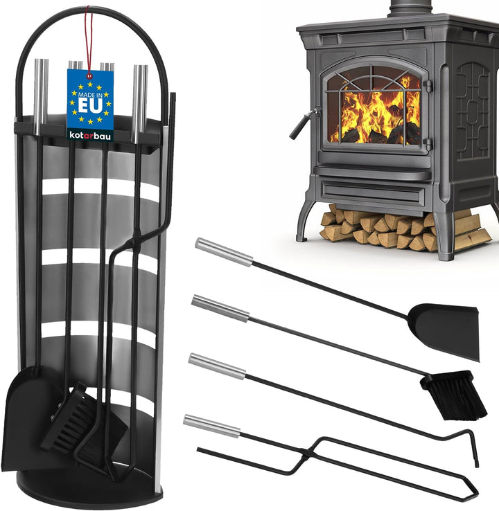 KOTARBAU® 5tlg. Edelstahl Kamingarnitur Schwarz mit Silbernem Griff
