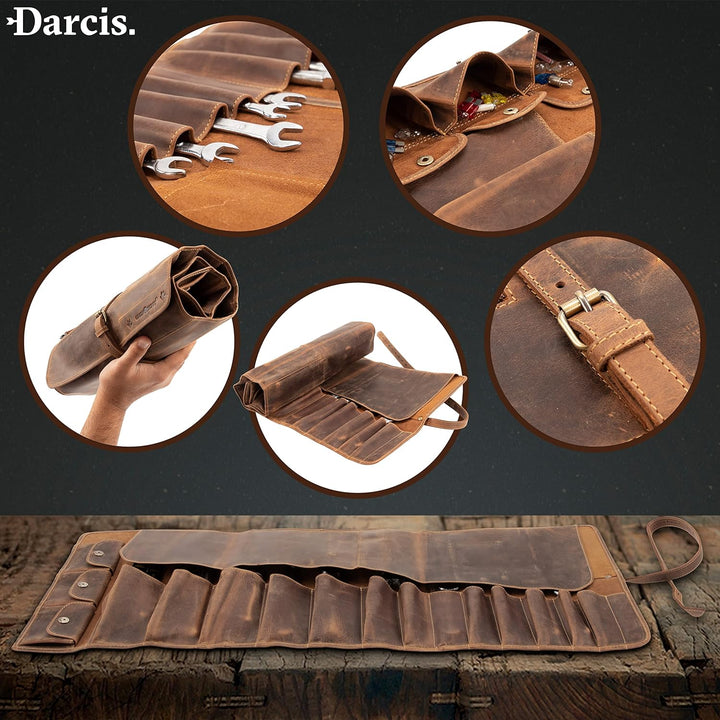 Darcis Werkzeugrolle in Braun - Aus echtem Rindsleder - Werkzeug Rolltasche mit 13 Fächern, 3 Knopft