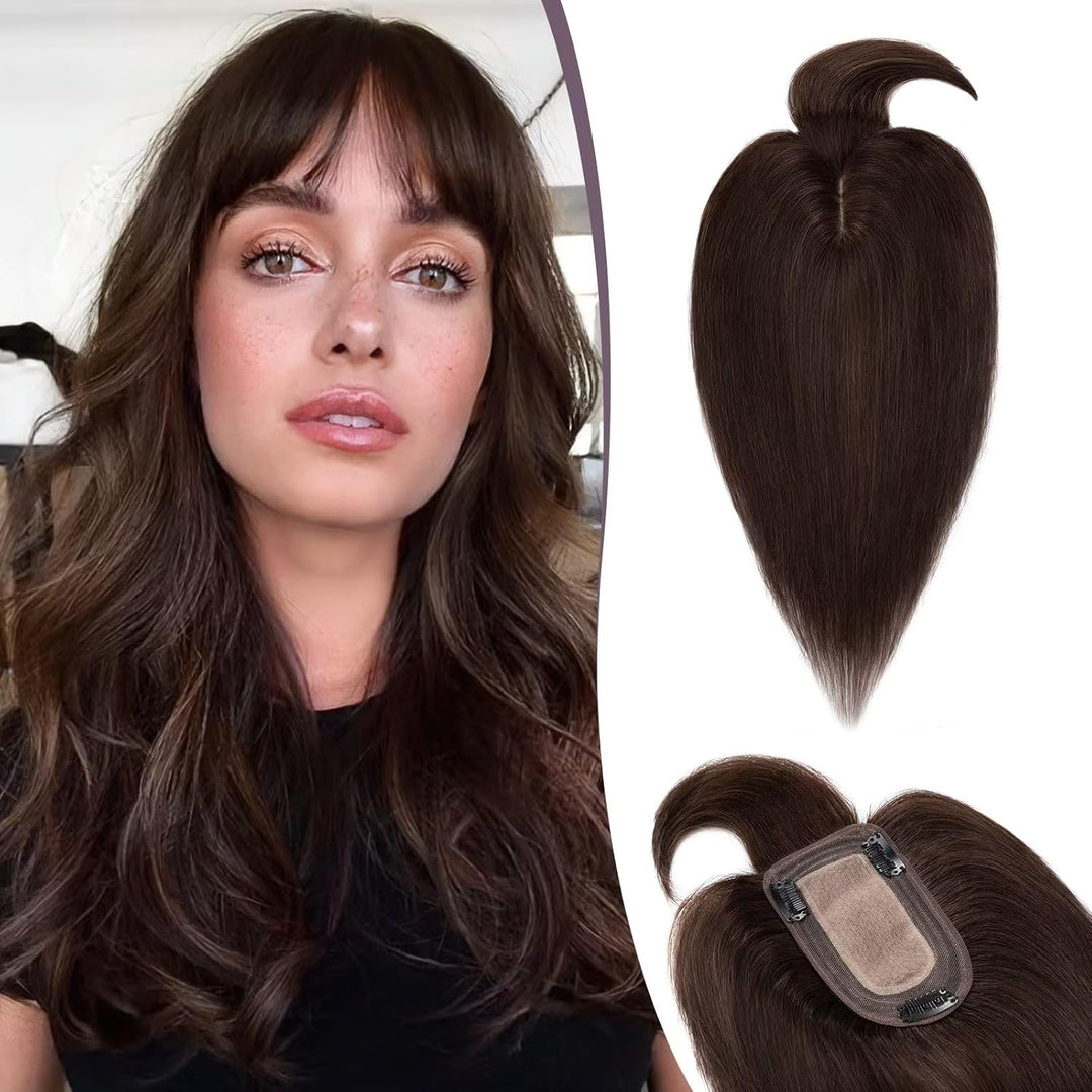 TESS Hair Topper Echthaar Braun, 7x13cm Basis Toupet Damen #2 Dunkelbraun mit Pony Haartopper Echtha