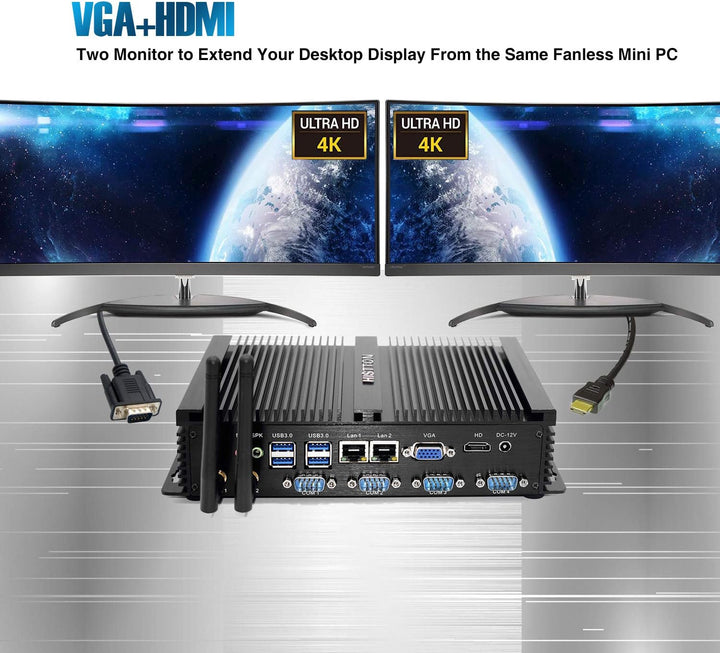 HISTTON Mini PC Lüfterlos Industrie PC Core i5-3317U 8GB RAM 256GB SSD, HDMI/VGA Dual Ausgang, 4 RS2