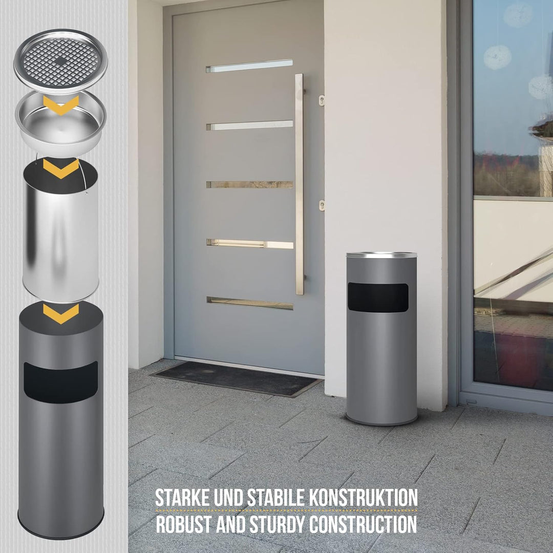 Jago® Standaschenbecher mit Mülleimer - 30 Liter, aus Edelstahl/Eisen, 2 in 1, Inneneimer, Deckel, O