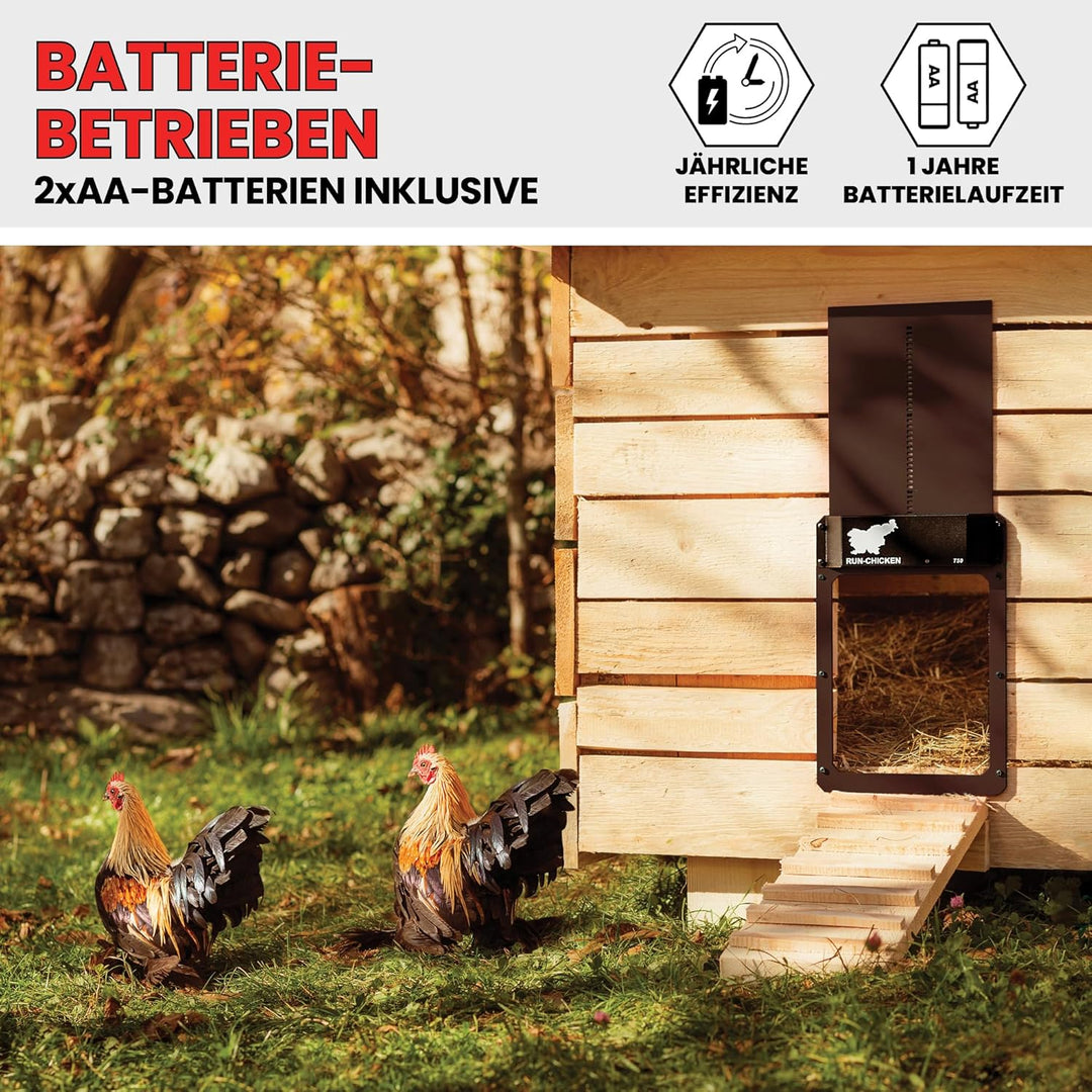 Run Chicken Model T50, Automatic Chicken Coop Door, Full Aluminum Doors, Light Sensing, Evening and