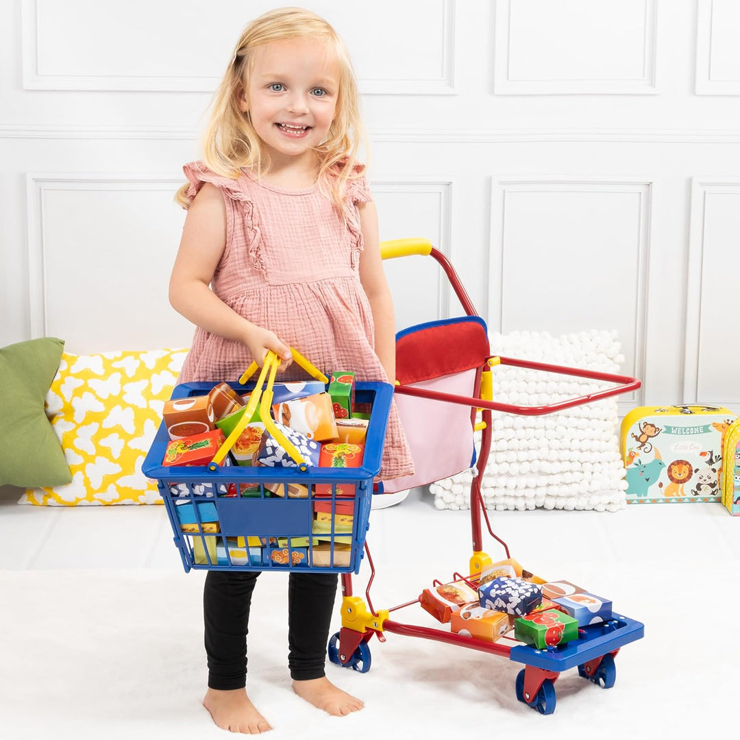 Bayer Design 75003AA Einkaufswagen Supermarkt Kinder, mit Spiellebensmittelkartons, bunt, aus Metall