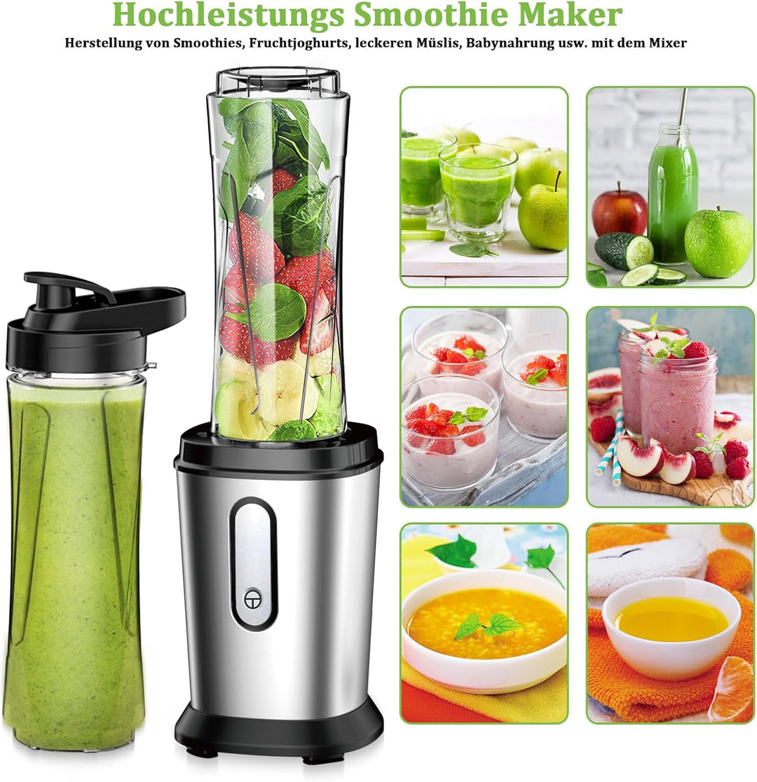 Mixer, 500W Mini Standmixer & Smoothie Maker mit 2x600ml Flaschen BPA frei Tritan, Tragbarer Mixer S