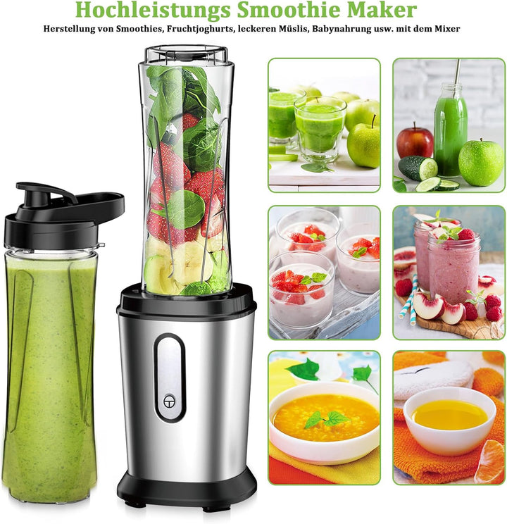 Mixer, 500W Mini Standmixer & Smoothie Maker mit 2x600ml Flaschen BPA frei Tritan, Tragbarer Mixer S