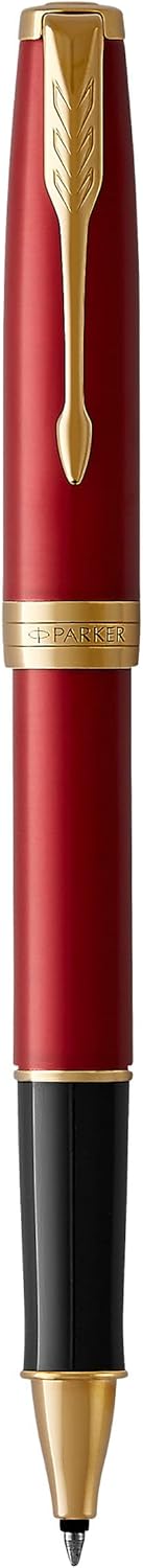 Parker Sonnet Tintenroller , Rote Lackierung mit Goldzierteilen , feine Spitze , Schwarze Tinte , Ge