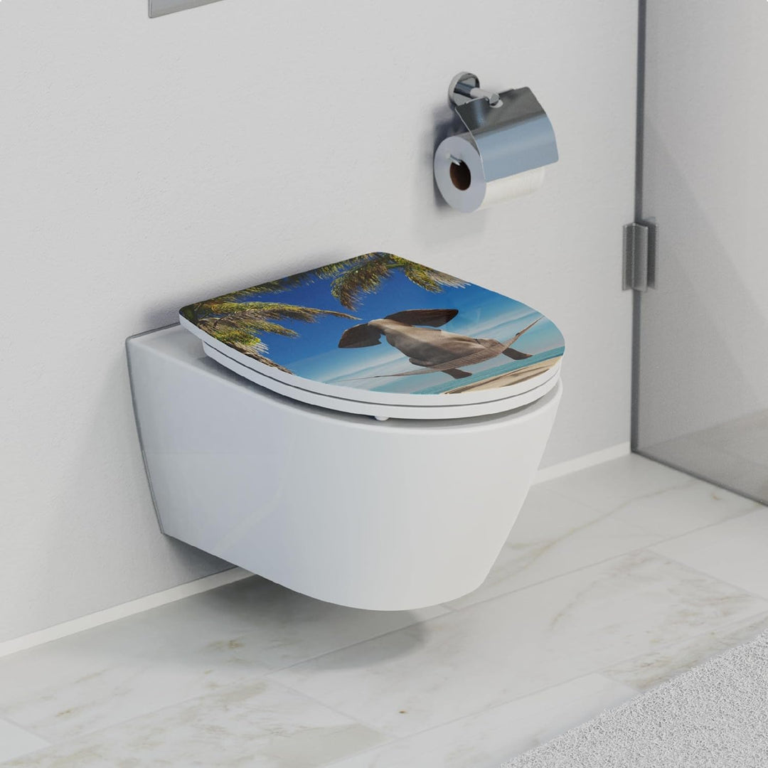SCHÜTTE WC-Sitz Duroplast HG HAPPY ELEPHANT, Hochglänzender Toilettensitz mit Absenkautomatik, Schne