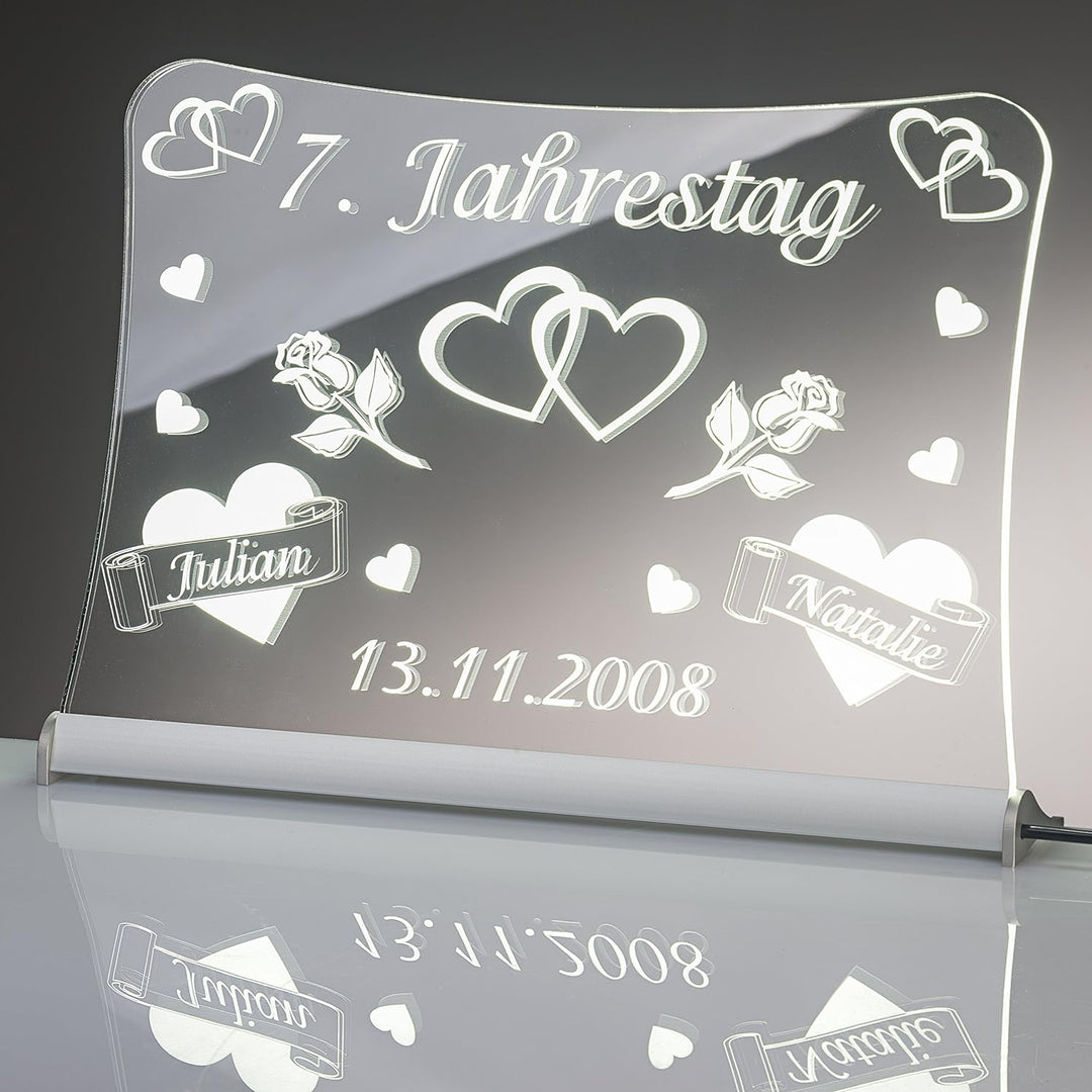 LED Acrylglas Schild"Jahrestag", 30x20 cm, mit persönlicher Laser Gravur (weiss), weiss