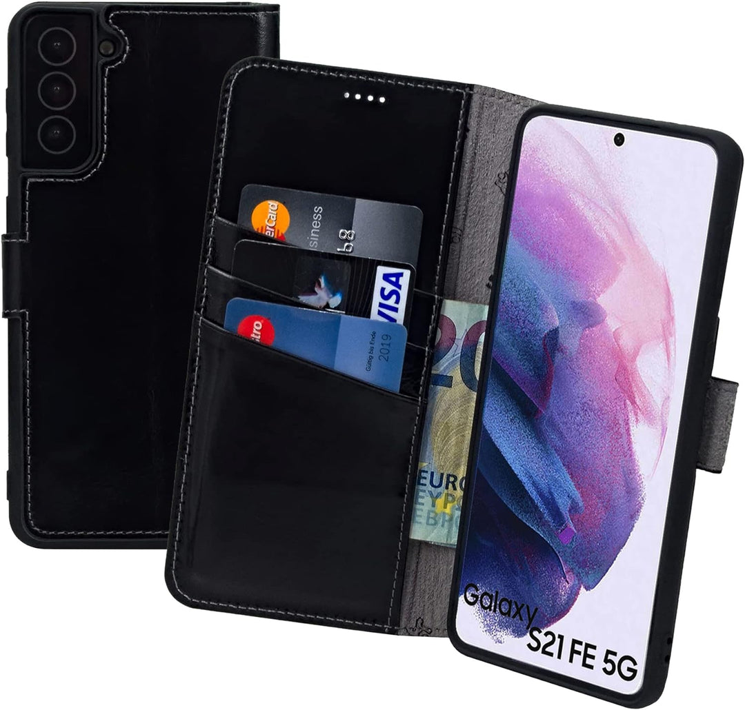 Suncase Book-Style Hülle kompatibel mit Samsung Galaxy S21 FE 5G Leder Tasche (Slim-Fit) Lederhülle