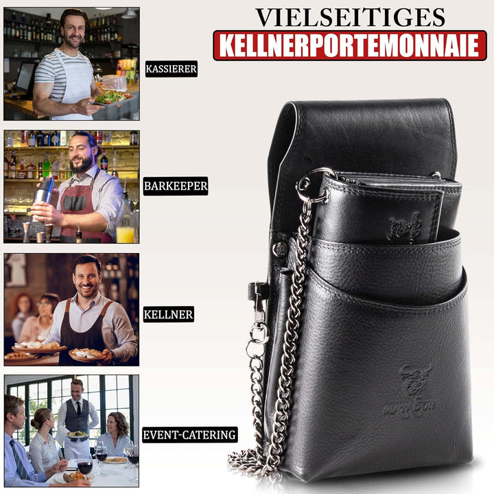 MATADOR Leder Profi-Kellner-Set Kellner-Geld-Börse-Tasche-Portemonnaie mit Kette Bedienungsgeldbeute