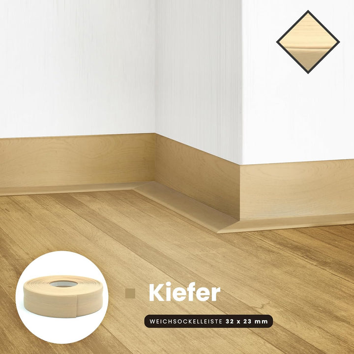 DQ-PP WEICHSOCKELLEISTE | 20m | kiefer | 32x23mm | PVC | selbstklebend | Knickwinkel Fussleisten Gum