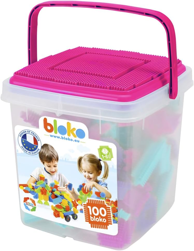 BLOKO - 100 Aufbewahrungstonne mit 1 Spielplatte (Rosa) - Ab 12 Monaten Konstruktionsspielzeug 1. Al