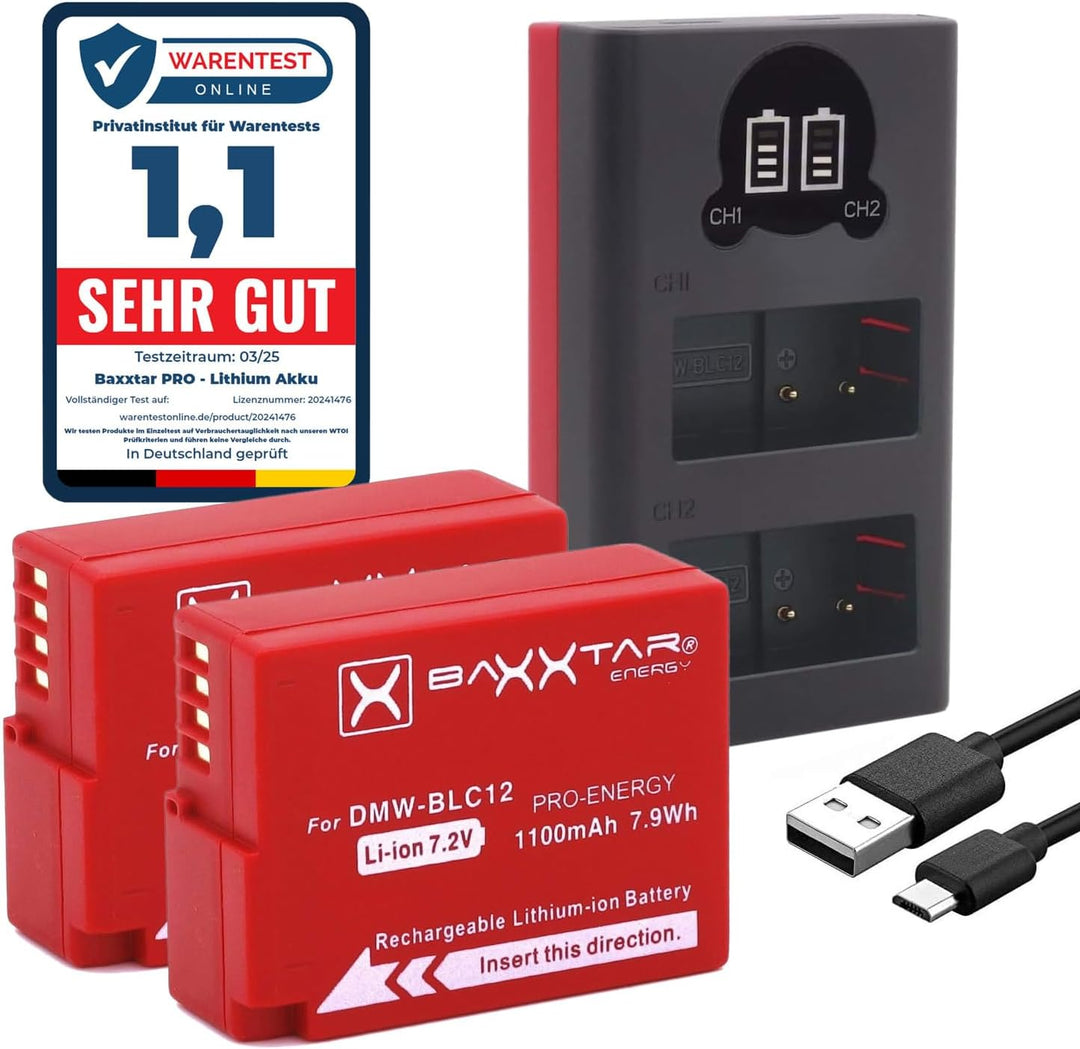 Baxxtar Pro DMW-BLC12 E DMW-BLC12E Kamera-Akku Pack mit Ladegerät Mini 18622 LCD DUAL (Eingang USB-C