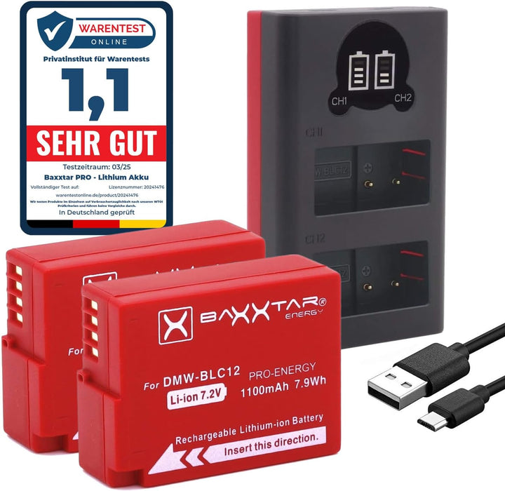 Baxxtar Pro DMW-BLC12 E DMW-BLC12E Kamera-Akku Pack mit Ladegerät Mini 18622 LCD DUAL (Eingang USB-C
