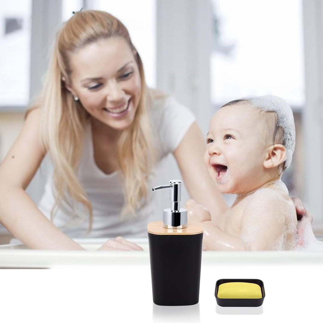 Badezimmer Zubehör Set 7Pcs Waschraum Zubehör Set aus Bambus, Lotion-Flaschen, Zahnbürstenhalter, Za