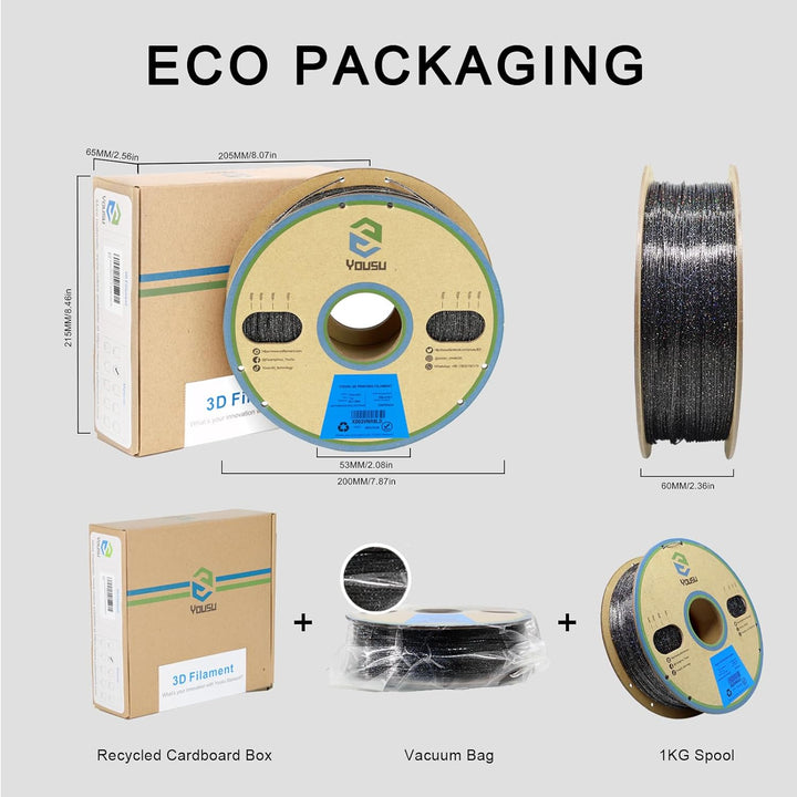 YOUSU 3D-Drucker-Filament, PLA-Filament, 1,75 mm, Laser-Paillette-Serie, Galaxy-Schwarz-Filament, 1