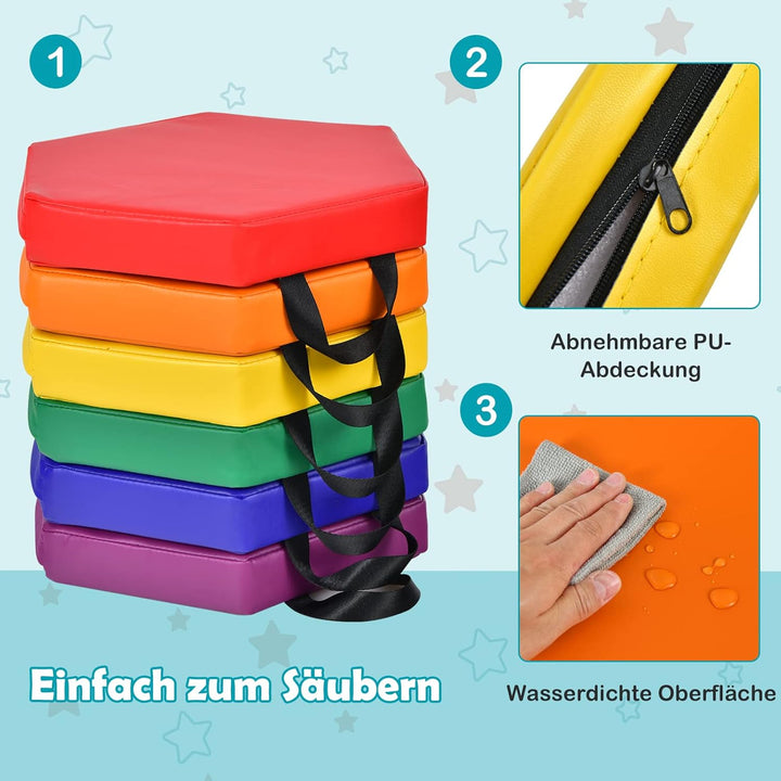 COSTWAY 6er Set Kinder Stuhlkissen mit Griff, Bodenkissen mit Reissverschluss, Sitzkissen Mehrfarbig