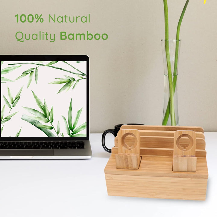 Gugxiom Bambus-Ladestation, Multifunktions-Ladestation mit 5 Anschlüssen, Geräte-Organizer, Magnetis