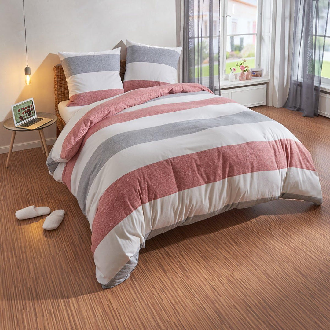Traumschlaf Bettwäsche Biber Streifen rot 1 Bettbezug 240 x 220 cm + 2 Kissenbezüge 80 x 80 cm, 1 Be