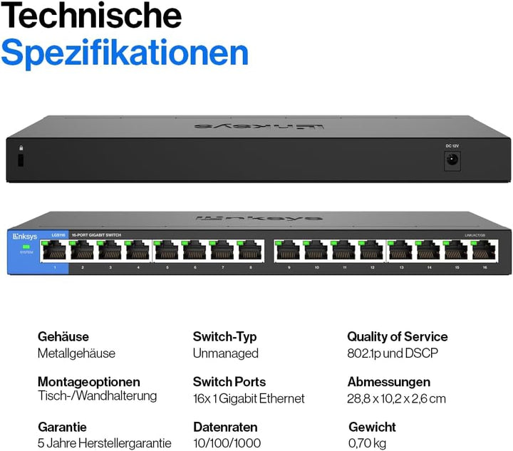 Linksys LGS116-EU 16-Port Unmanaged Gigabit-Netzwerk-Switch – Ethernet-Switch/Hub mit Metallgehäuse,