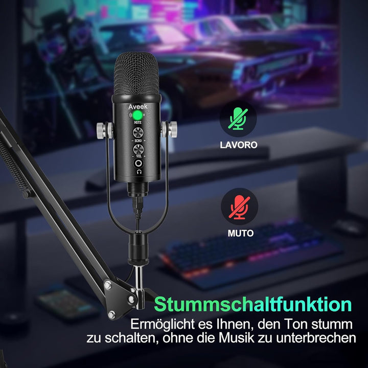 Aveek USB-Mikrofon, Kondensator-Aufnahme, Laptop, PC, Gaming-Mikrofon, Podcast-Mikrofon, Kit fĂŒr Str
