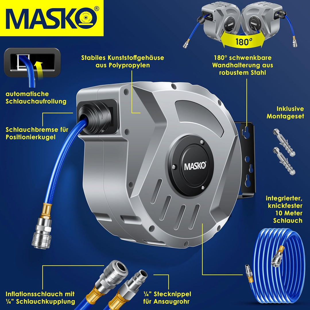 MASKOยฎ 10m Druckluftschlauch Aufroller automatisch 1/4" Anschluss - Schlauchtrommel Wandschlauchhalt