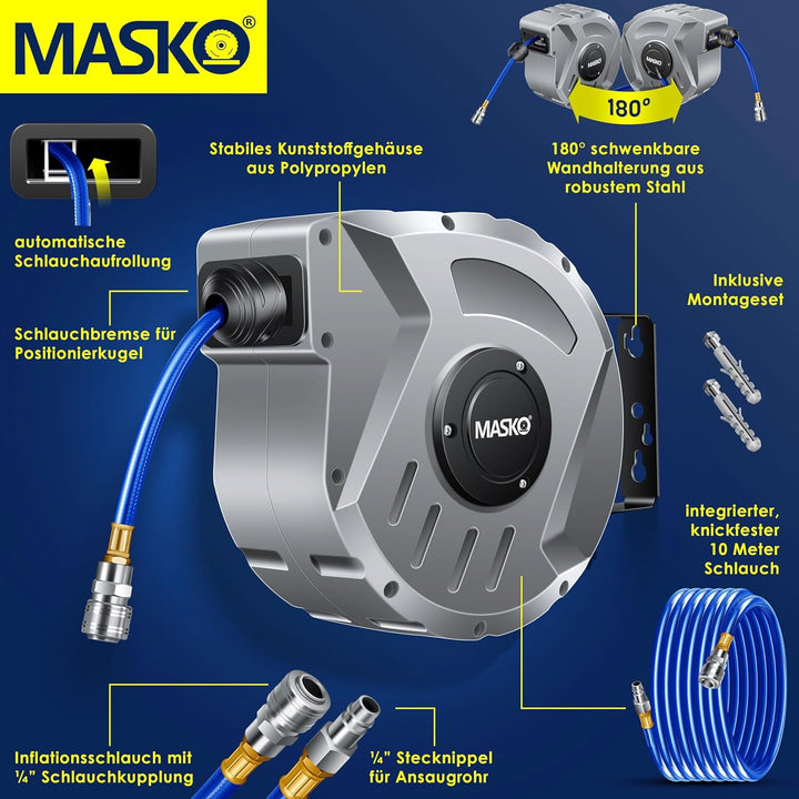 MASKOยฎ 10m Druckluftschlauch Aufroller automatisch 1/4" Anschluss - Schlauchtrommel Wandschlauchhalt