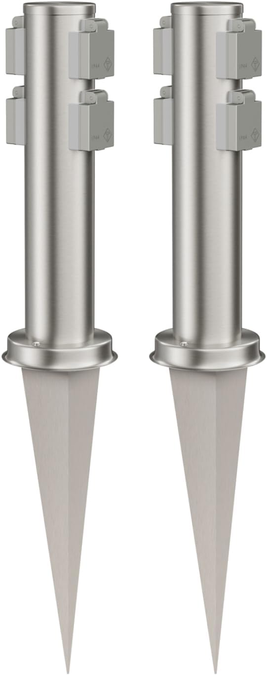 ledscom.de Gartensteckdose PORU mit Erdspiess, Outdoor, 4-Fach, Edelstahl, rund, 38cm, 2 STK. 2 Stüc