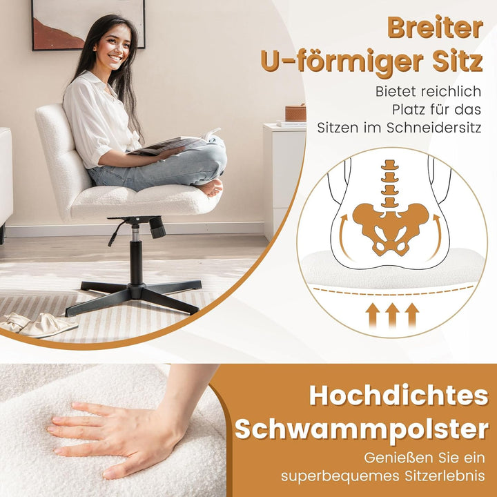 COSTWAY Bürostuhl mit Lammfellimitat & breitem Sitz, armloser Schreibtischstuhl mit gekreuzten Beine