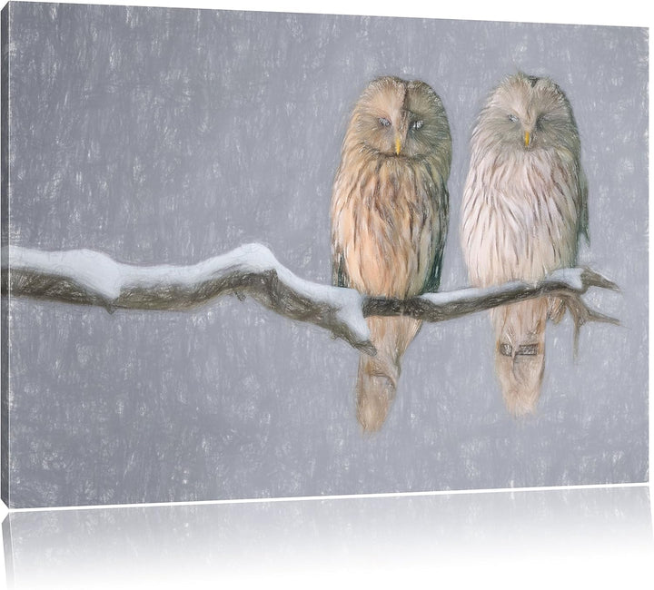 Pixxprint Zwei Eulen in Winterlandschaft Kunst Buntstift Effekt, Format: 100x70 auf Leinwand, 100x70
