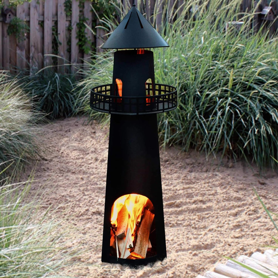 UNUS Gartenkamin Leuchtturm aus Metall als Feuerschale für den Garten schwarz 131 cm