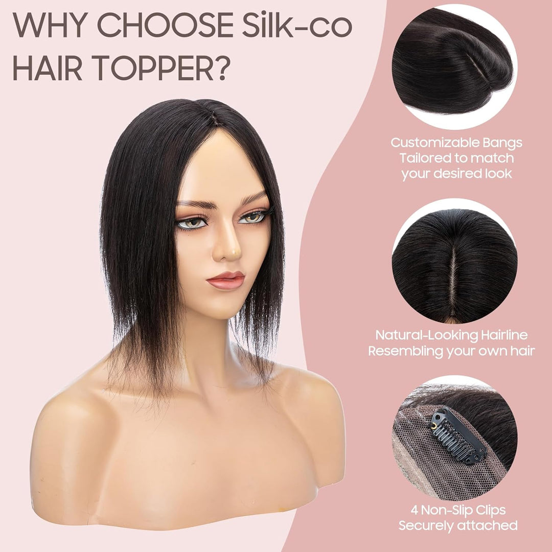 Silk-co Hair Topper Echthaar, 10x12cm Basis Toupet Damen, Haartopper Echthaar mit Remy Seide Basis,