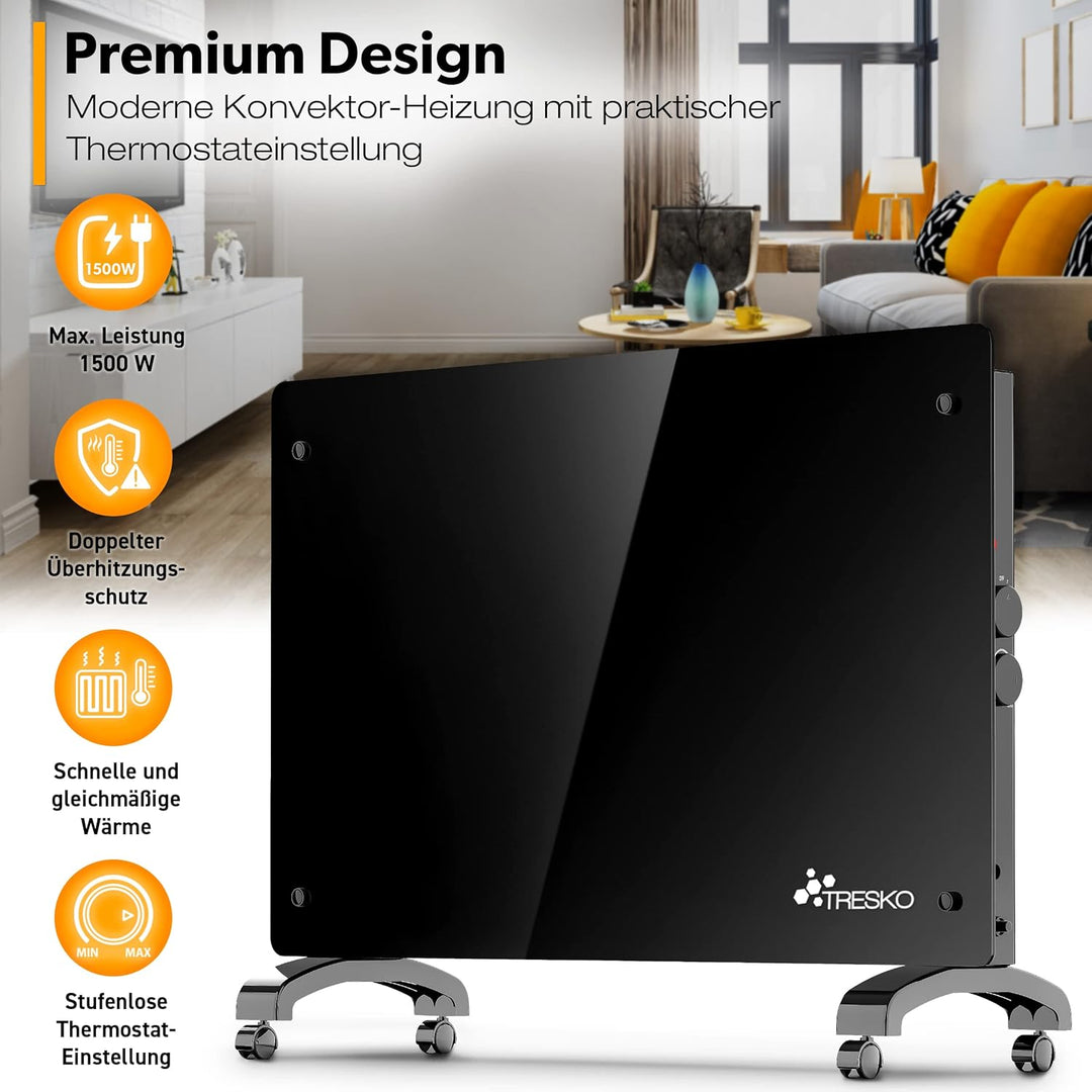 TRESKO® Glaskonvektor Elektroheizung 1500 Watt | Glasheizung elektrisch | Konvektor Heizung Heizkörp