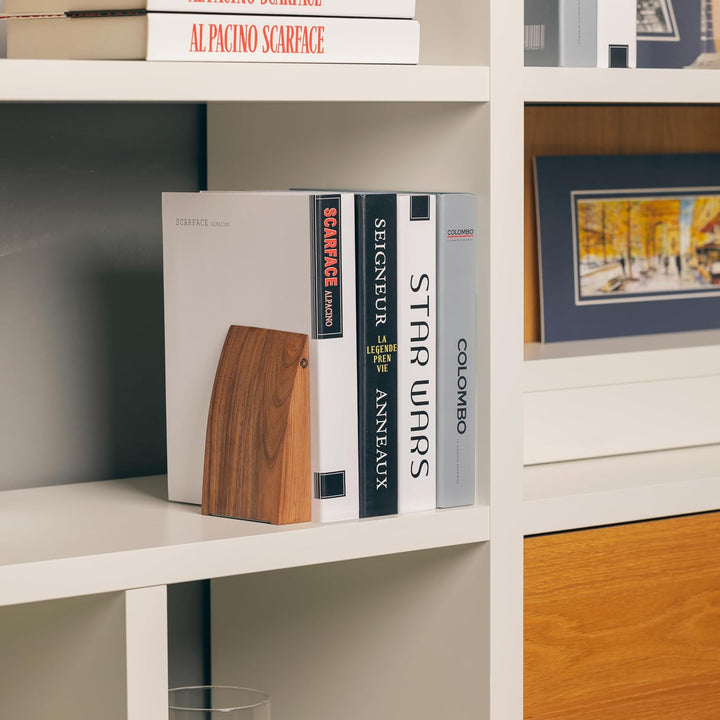 TILISMA Buchstützen für Regale – Handgefertigte Buchstützen aus Holz mit Metallsockel, Walnussbaum –