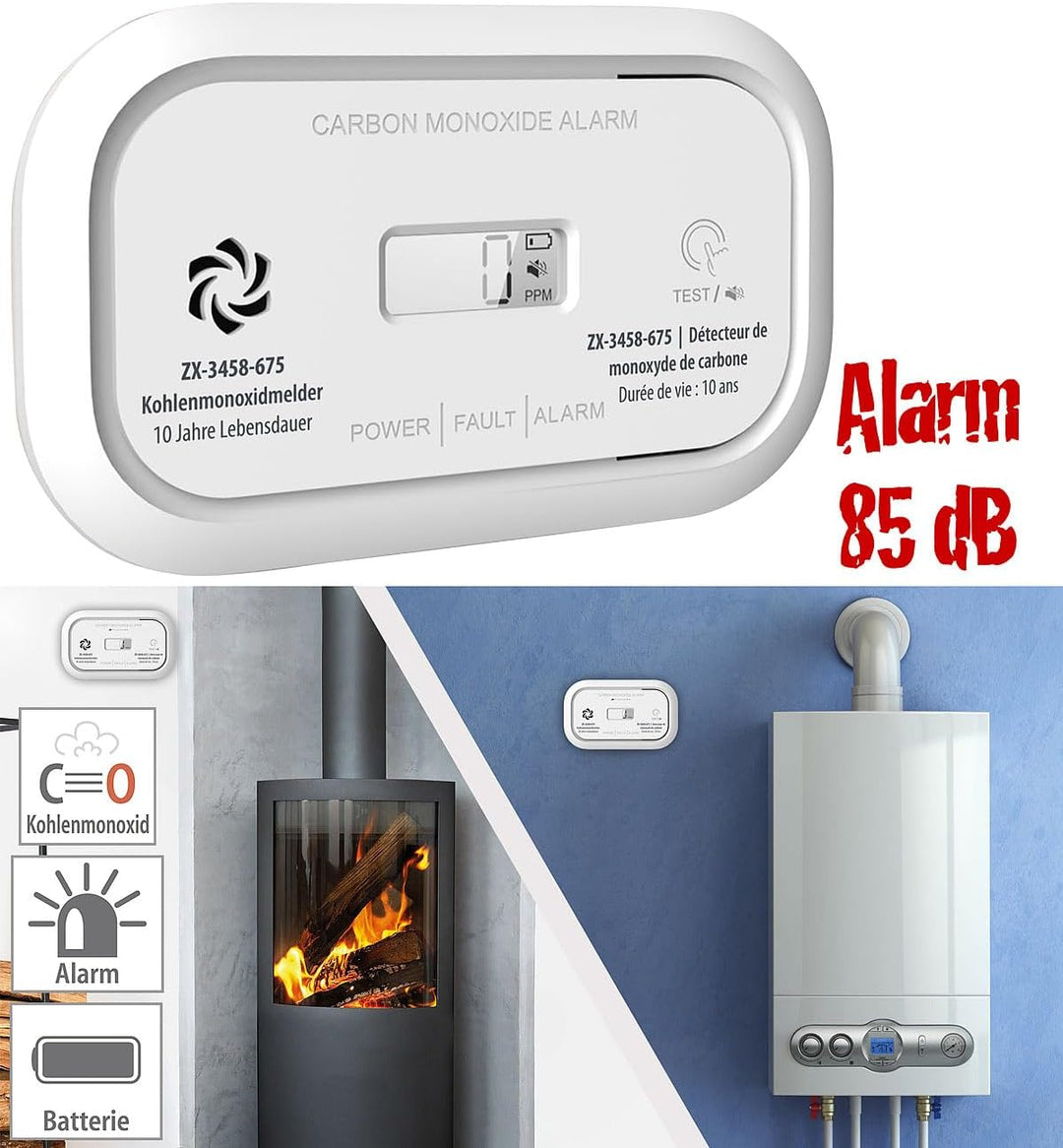 VisorTech Kohlenmonoxid Messgeräte: 2er-Set Digitale Kohlenmonoxid-Melder, 85 dB, Display, DIN EN 50